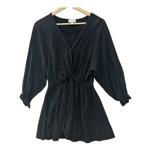 Umgee Black Linen Blend Balloon Sleeve Mini Dress V-Neck Womens Large Boho